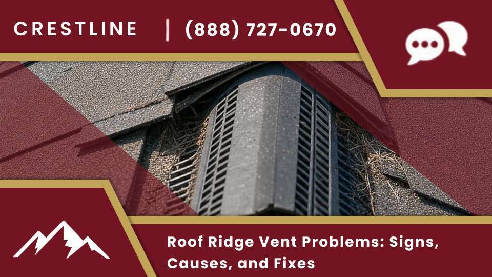 Roof ridge vent repair fixing a clogged ridge vent, ridge vent leak, and damaged ridge cap shingles.